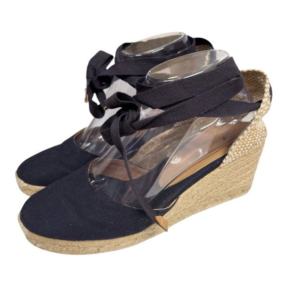 Castañer Carina Navy Canvas Espadrille Wedge Sandals Ankle Tie Size 39 US 8.5-9 - Picture 3 of 9